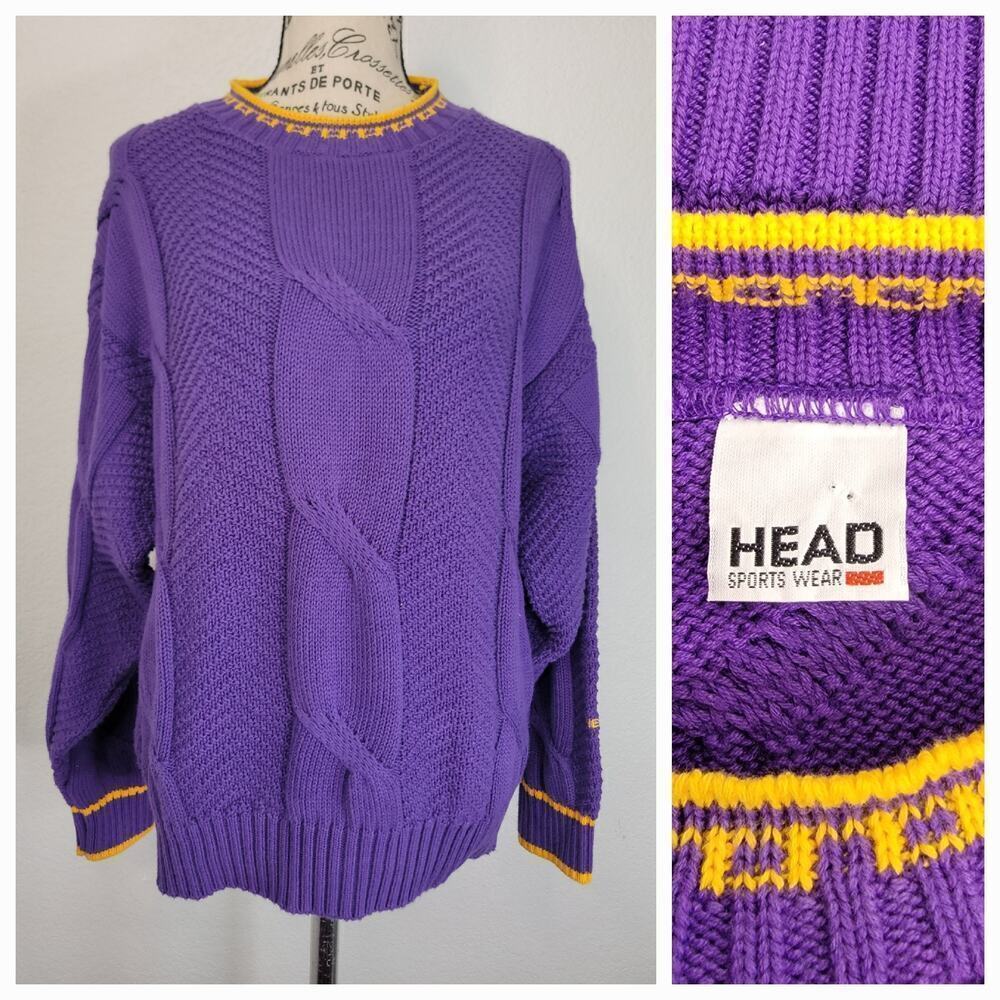 Vintage Head Sportswear Knit Sweater Sz Womens Medium Varsity Cable Knit Cotton